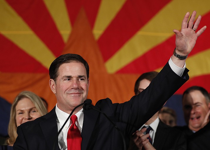 Republican Arizona Gov. Doug Ducey speaks to supporters, Tuesday, Nov. 6, 2018, at an election night party in Scottsdale, Ariz. Incumbent Ducey defeated Democratic challenger David Garcia for his second term. (Matt York/AP, file)