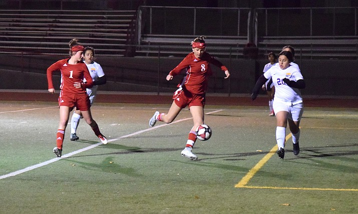 Mingus sophomore Neveah Monhollen scores a goal during the Marauders’ 6-1 win over Buckeye on Tuesday. She scored two goals in the game. VVN/James Kelley