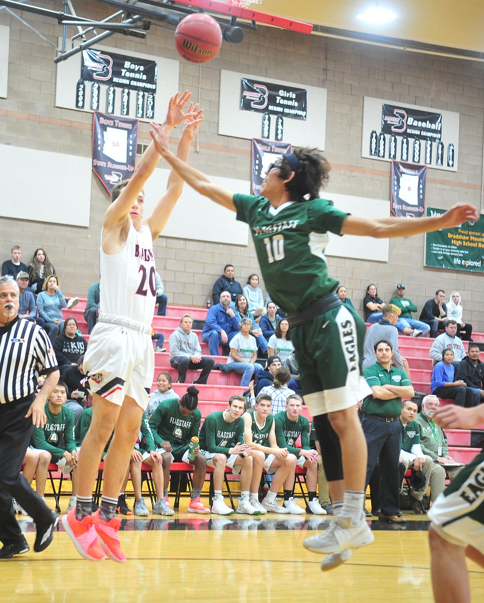 Bradshaw Mountain's David Massis takes a jump shot as the Bears take on the Flagstaff Eagles Tuesday, Dec. 11, 2018 in Prescott Valley. (Les Stukenberg/Courier).