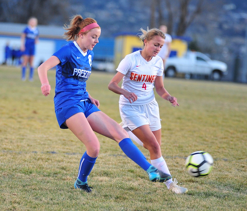 Prescott's Erika Smith takes a shot on goal as the Badgers take on Seton Catholic Sentinels Tuesday, Dec. 11, 2018 in Prescott. (Les Stukenberg/Courier).