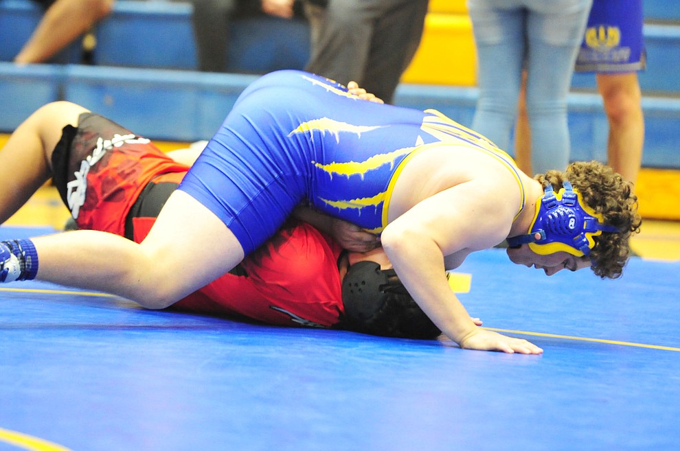 Prescott's Jaden Rummage has top position against Coconino's Marcellno Phillips Wednesday, Dec. 12, 2018 in Prescott. (Les Stukenberg/Courier).