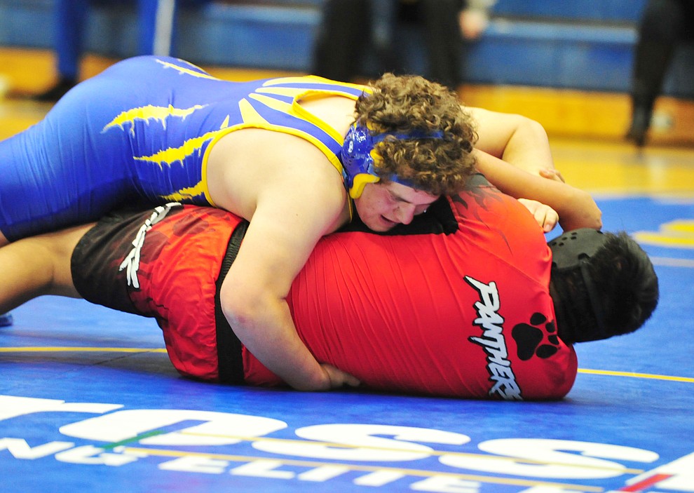 Prescott's Jaden Rummage has top position against Coconino's Marcellno Phillips Wednesday, Dec. 12, 2018 in Prescott. (Les Stukenberg/Courier).