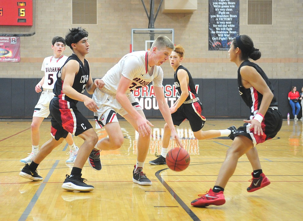 Bradshaw Mountain's Nate Summit dribbes to the lane as the Bears hosted Coconino in a doubleheader hoops matchup Saturday, Dec. 15, 2018 in Prescott Valley. (Les Stukenberg/Courier).