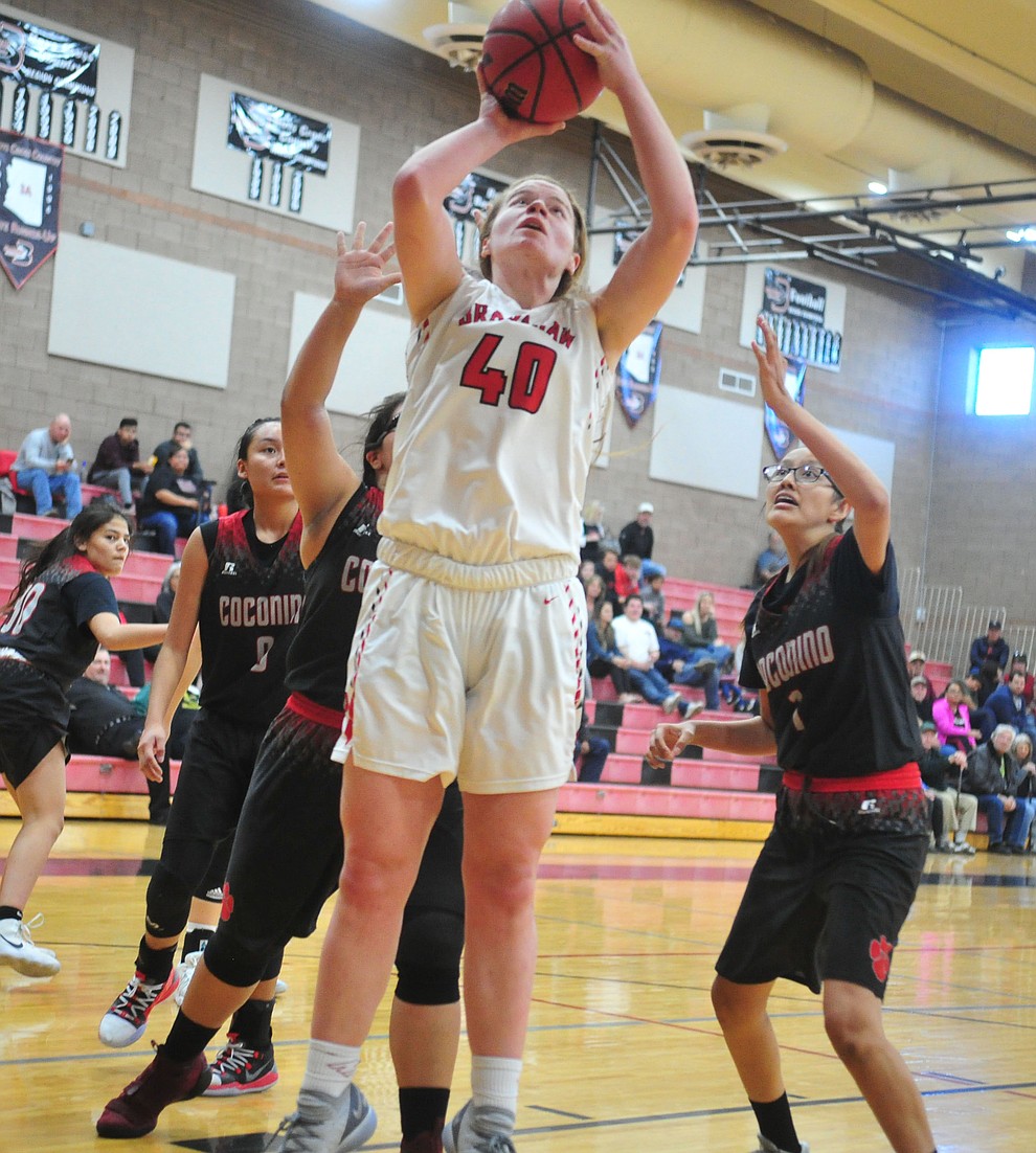 Bradshaw Mountain's Delanie Clark goes up under the basket as the Bears hosted Coconino in a doubleheader hoops matchup Saturday, Dec. 15, 2018 in Prescott Valley. (Les Stukenberg/Courier).