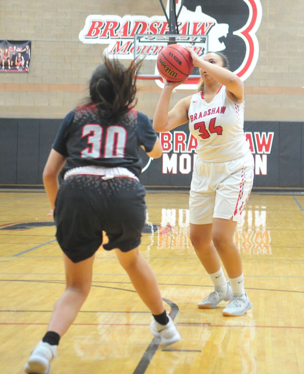 Bradshaw Mountain's Alexis Lara takes aim from outside as the Bears hosted Coconino in a doubleheader hoops matchup Saturday, Dec. 15, 2018 in Prescott Valley. (Les Stukenberg/Courier).