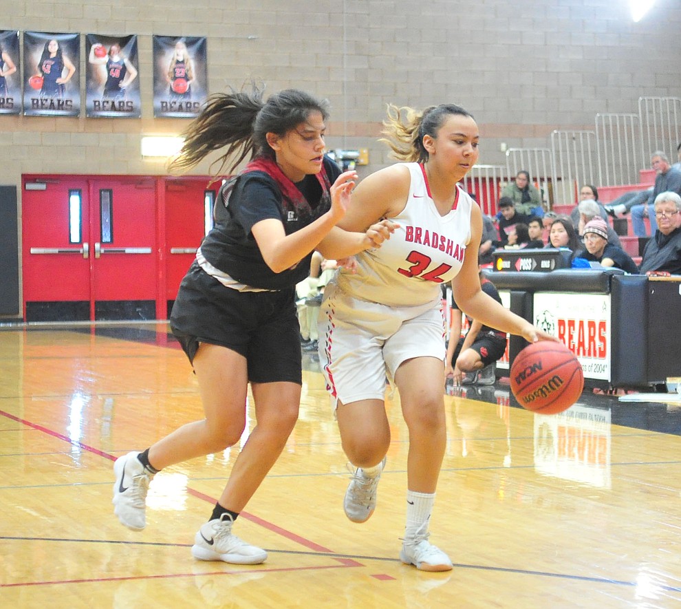 Bradshaw Mountain's Alexis Lara drives the ball upcourt as the Bears hosted Coconino in a doubleheader hoops matchup Saturday, Dec. 15, 2018 in Prescott Valley. (Les Stukenberg/Courier).
