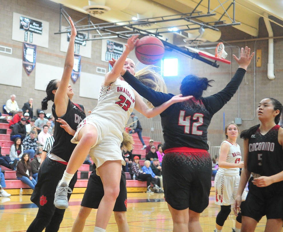 Bradshaw Mountain's Rylee Bundrick gets fouled while shooting as the Bears hosted Coconino in a doubleheader hoops matchup Saturday, Dec. 15, 2018 in Prescott Valley. (Les Stukenberg/Courier).