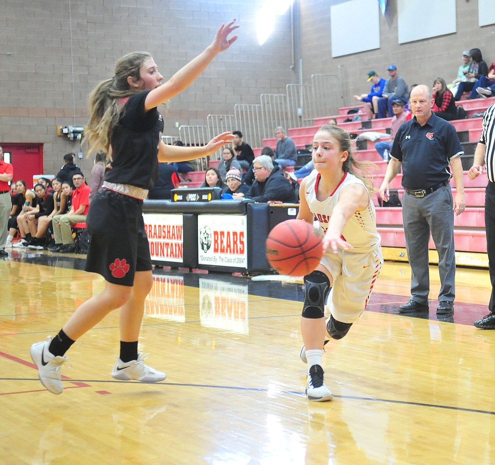 Bradshaw Mountain's Brinlee Kidd passes the ball as the Bears hosted Coconino in a doubleheader hoops matchup Saturday, Dec. 15, 2018 in Prescott Valley. (Les Stukenberg/Courier).
