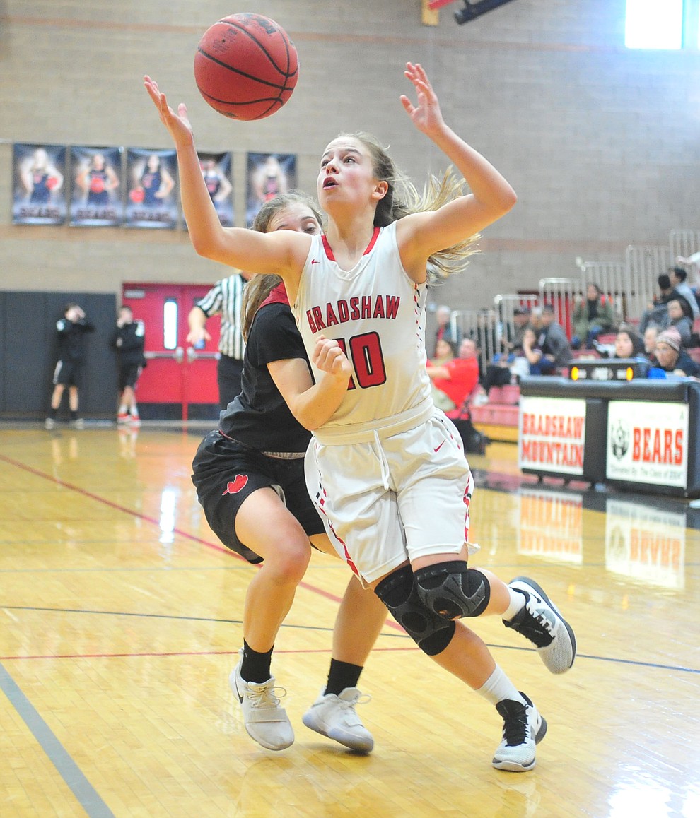 Bradshaw Mountain's Brinlee Kidd grabs the ball as the Bears hosted Coconino in a doubleheader hoops matchup Saturday, Dec. 15, 2018 in Prescott Valley. (Les Stukenberg/Courier).