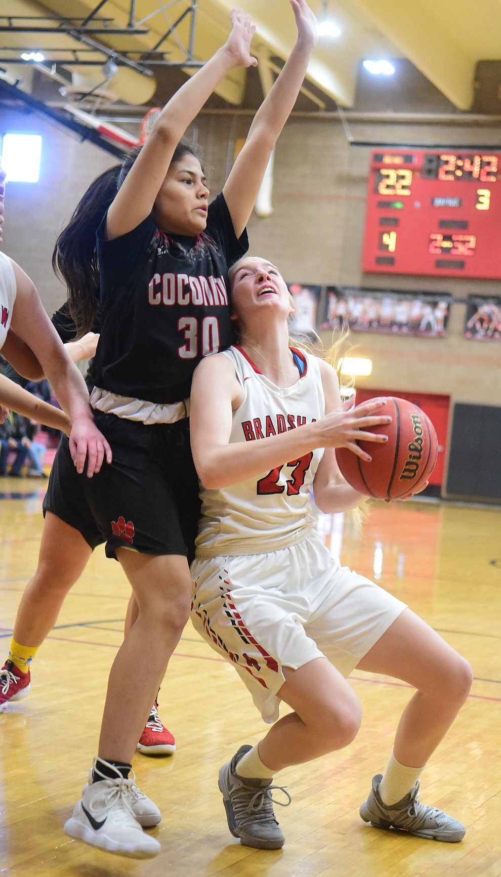 Bradshaw Mountain's Rylee Bundrick draws the fall in the paint as the Bears hosted Coconino in a doubleheader hoops matchup Saturday, Dec. 15, 2018 in Prescott Valley. (Les Stukenberg/Courier).