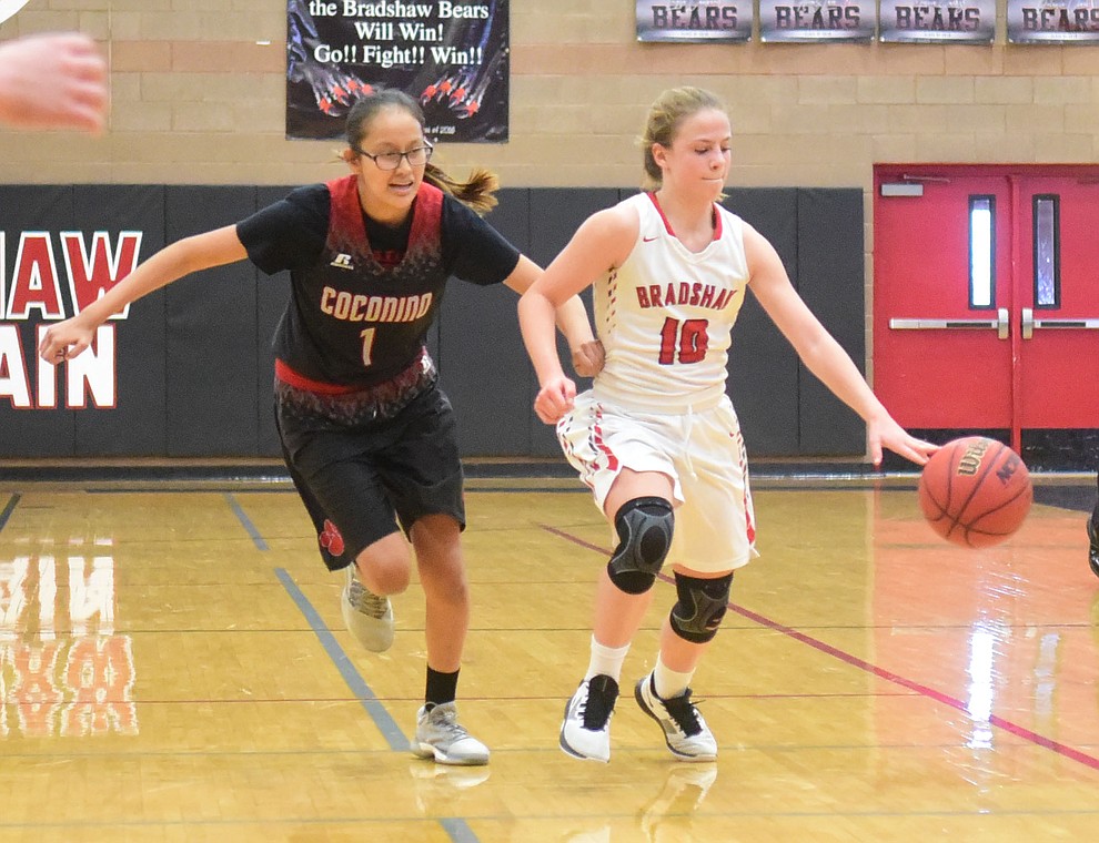 Bradshaw Mountain's Brinlee Kidd brings the ball upcourt as the Bears hosted Coconino in a doubleheader hoops matchup Saturday, Dec. 15, 2018 in Prescott Valley. (Les Stukenberg/Courier).