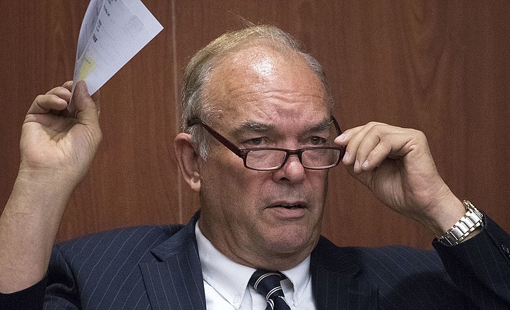 Don Shooter testifies during a hearing in Maricopa County Superior Court, Thursday, June 14, 2018, in Phoenix. A Maricopa County judge says she'll decide Friday whether Shooter, a former Yuma lawmaker expelled from the state House of Representatives over sexual misconduct, can run for state Senate. (Mark Henle/The Arizona Republic via AP, Pool)