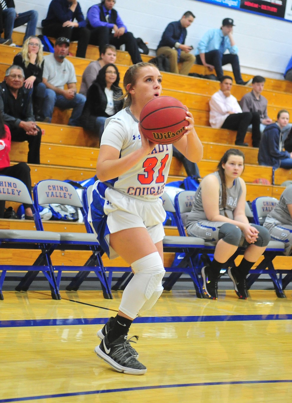 Chino Valley's Rudy Rodriguez takes a three-point shot as the Cougars face the Bagdad Sultans Wednesday, Dec. 19, 2018 in Chino Valley. (Les Stukenberg/Courier).