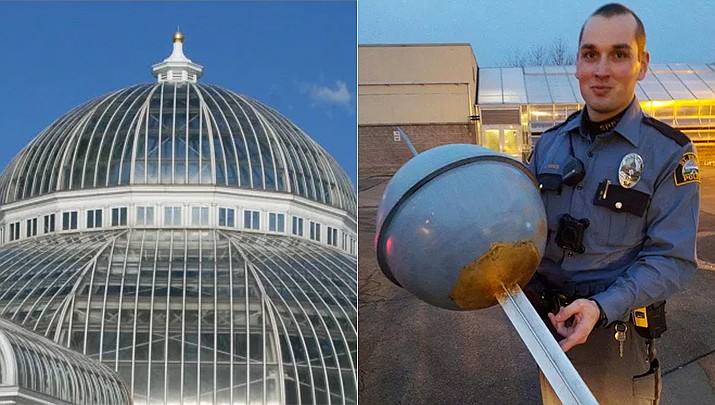 At left, the Marjorie McNeely Conservatory at Como Park before the golden finial ball was stolen Sunday, Dec. 16, 2018. At right, St. Paul Police Officer Jared Wencel holds the finial after it was found on Dec. 18, 2018. (Courtesy photos, Como Park Zoo & Conservatory and St. Paul Police Department)