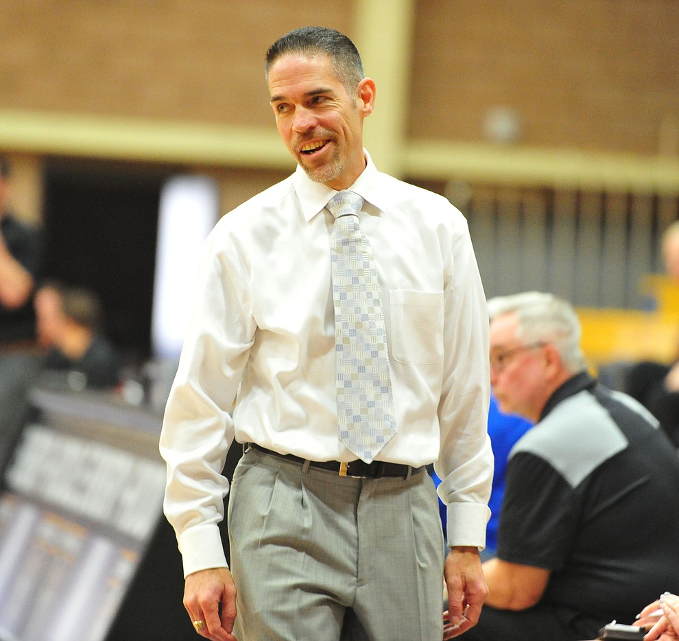 Embry Riddle Head Coach Mike Trujillo watches the action as the Eagles face the Lincoln Christian Red Lions Thursday, Dec. 20, 2018 in Prescott. (Les Stukenberg/Courier).