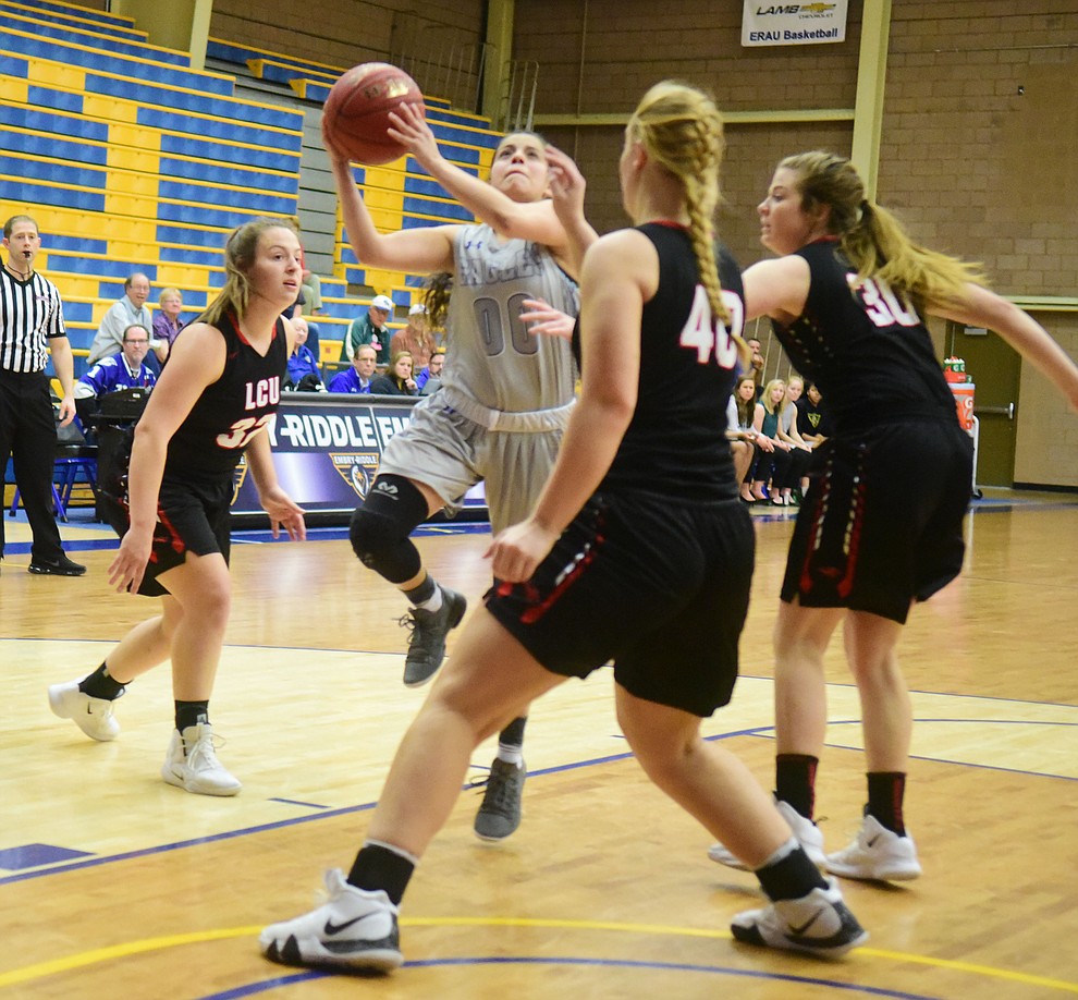 Embry Riddle's Haley Villegas drives through the lane as the Eagles face the Lincoln Christian Red Lions Thursday, Dec. 20, 2018 in Prescott. (Les Stukenberg/Courier).