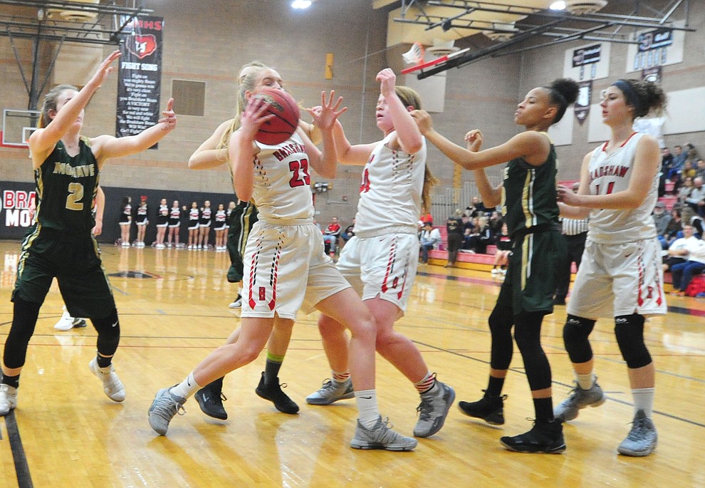 Bradshaw Mountain's Rylee Bundrick battles for a rebound as the Bears host the Mohave Thunderbirds in a basketball matchup Friday night in Prescott Valley. (Les Stukenberg/Courier).