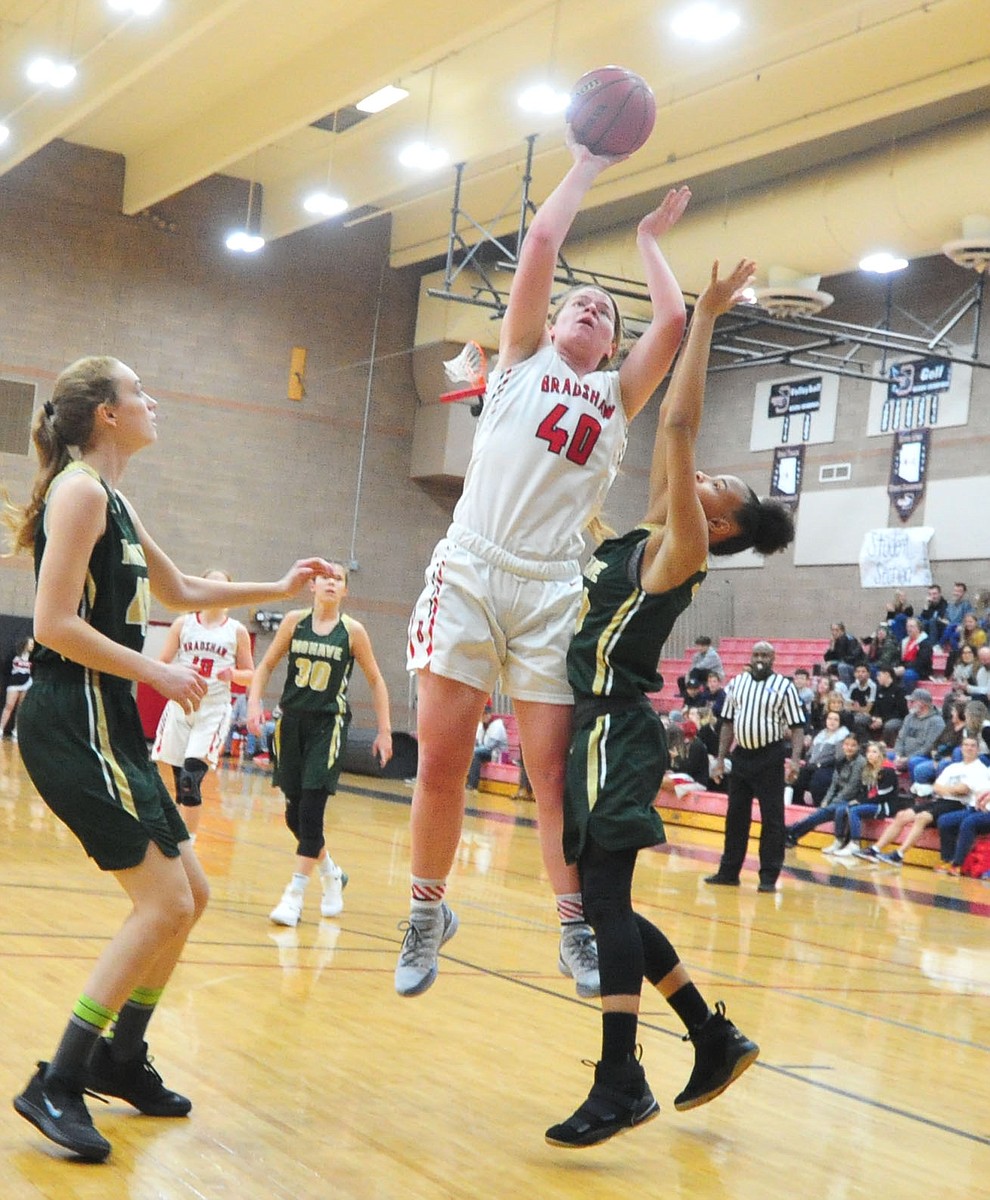 Bradshaw Mountain's Delanie Clark takes a shot from the lane as the Bears host the Mohave Thunderbirds in a basketball matchup Friday night in Prescott Valley. (Les Stukenberg/Courier).