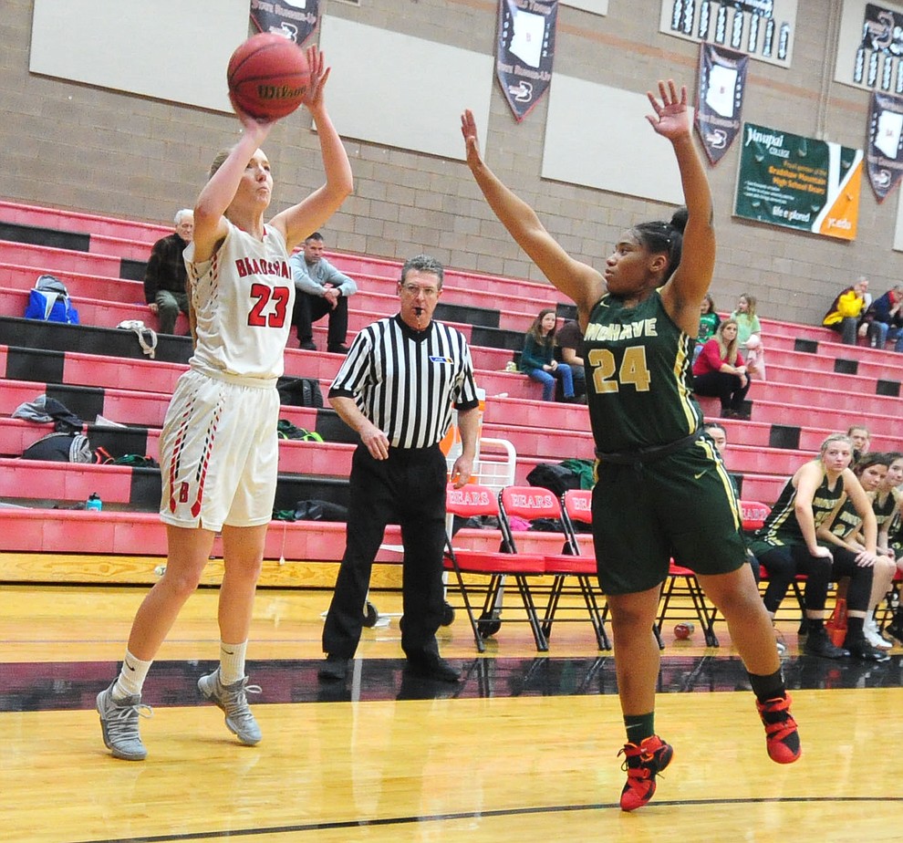 Bradshaw Mountain's Rylee Bundrick takes a three-pointer as the Bears host the Mohave Thunderbirds in a basketball matchup Friday night in Prescott Valley. (Les Stukenberg/Courier).