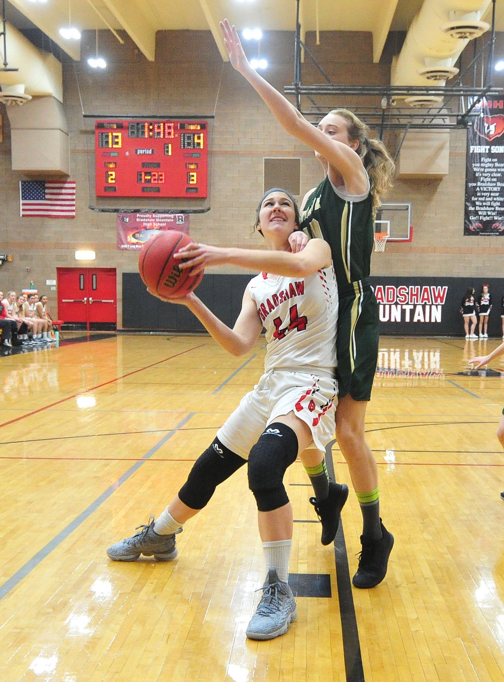 Bradshaw Mountain's Kacie Clinton looks for an open shot as the Bears host the Mohave Thunderbirds in a basketball matchup Friday night in Prescott Valley. (Les Stukenberg/Courier).