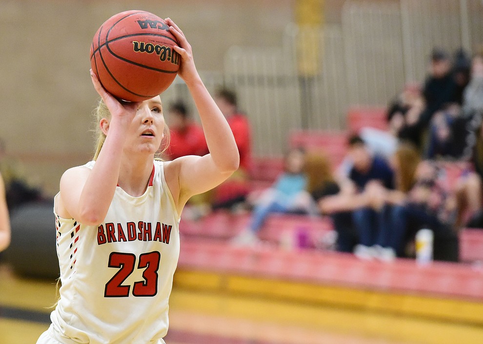 Bradshaw Mountain's Rylee Bundrick lines up a foul shot as the Bears host the Mohave Thunderbirds in a basketball matchup Friday night in Prescott Valley. (Les Stukenberg/Courier).