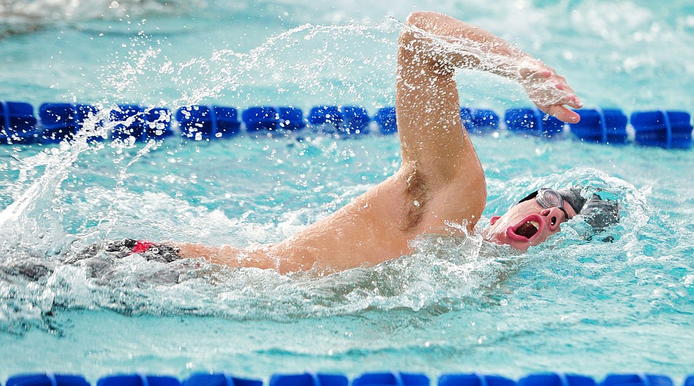 Bradshaw Mountain's David Schumacher swims the freestyle in the medley relay during a dual meet against Dysart Thursday, Oct. 11, 2018 at Mountain Valley Splash in Prescott Valley. (Les Stukenberg/Courier)