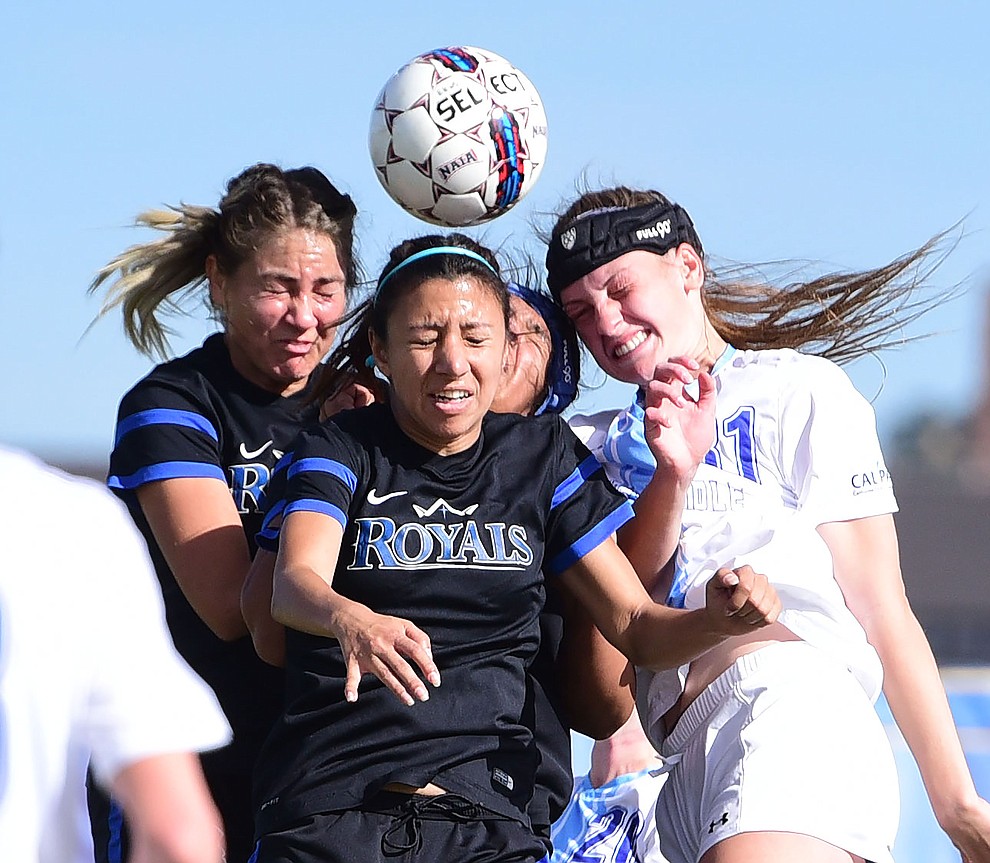 Embry Riddle's Adri Jackson heads the ball as the Eagles take on Hope International in the first round of the NAIA National Championship Tournament in Prescott Saturday, November 17, 2018. (Les Stukenberg/Courier).