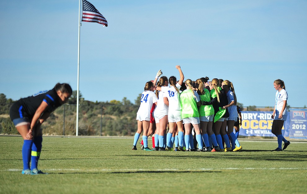 Embry Riddle players celebrate Krista Lee's overtime goal as the Eagles beat Hope International in the first round of the NAIA National Championship Tournament in Prescott Saturday, November 17, 2018. (Les Stukenberg/Courier).