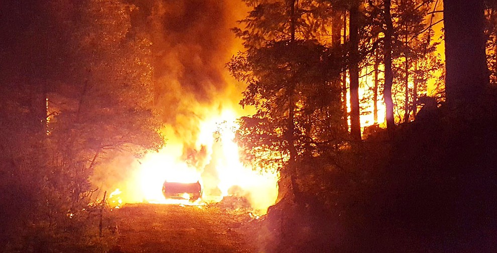 Fire burns a house, car and propane tank along with some trees in the Treehouse Fire south of Walker Friday, June 8, 2018. (Walker Fire Department Courtesy photo)