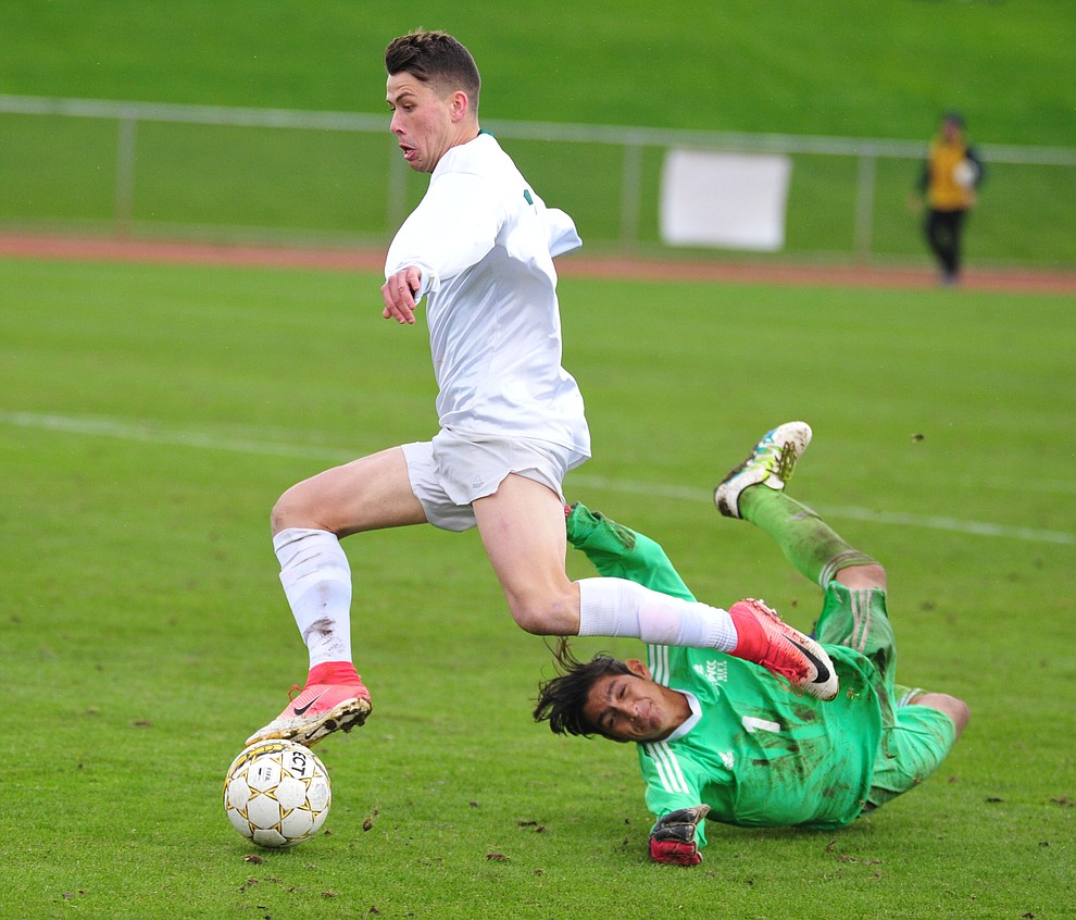 Yavapai's Daniel Mulholland scores his first of the first half as the Roughriders host Paradise Valley Community College Saturday, Oct. 13, 2018 in Prescott Valley. (Les Stukenberg/Courier)