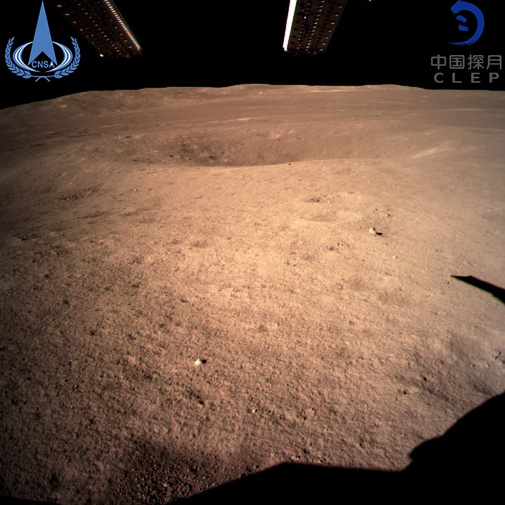In this photo provided Jan. 3, 2019, by China National Space Administration via Xinhua News Agency, the first image of the moon's far side taken by China's Chang'e-4 probe. (China National Space Administration/Xinhua News Agency via AP)