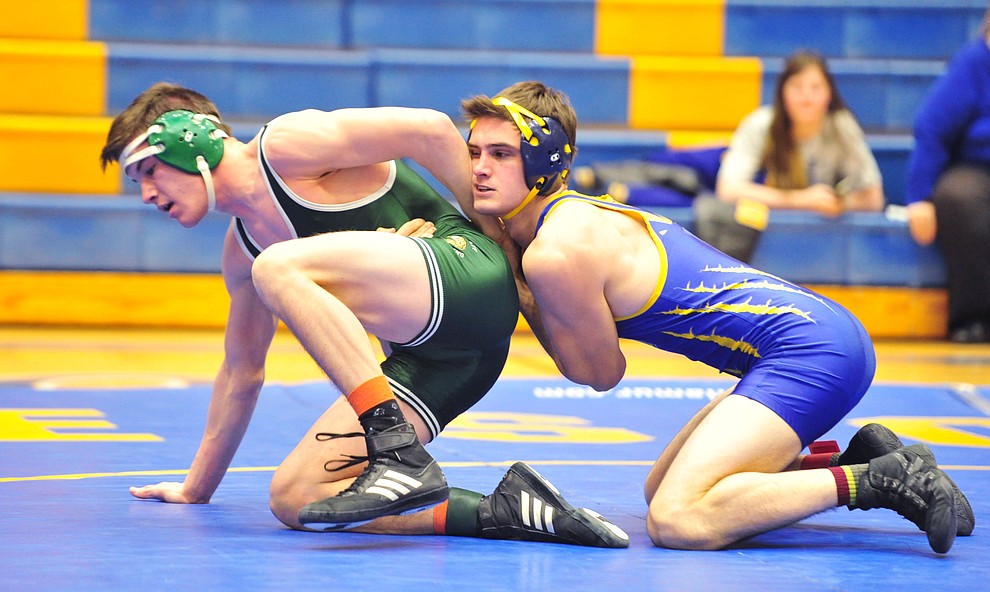 Prescott's Jack Northrup wrestles Flagstaff's Zach Collins as the Badgers hosted Flagstaff and Mingus Wednesday, January 9, 2019 in Prescott. (Les Stukenberg/Courier).