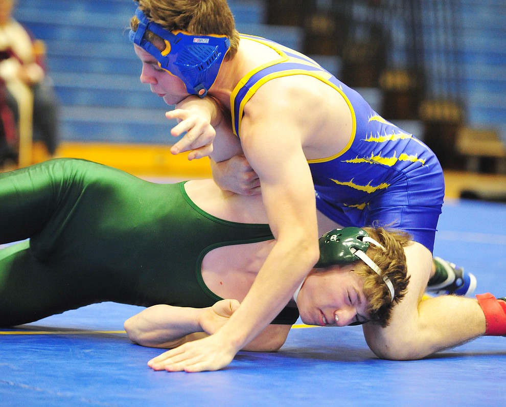 Prescott's Liam Wannamaker wrestles Flagstaff's Hunter Lewis as the Badgers hosted Flagstaff and Mingus Wednesday, January 9, 2019 in Prescott. (Les Stukenberg/Courier).