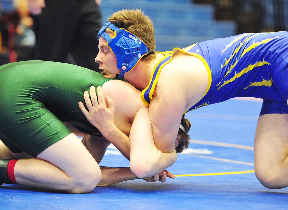Prescott's Liam Wannamaker wrestles Flagstaff's Hunter Lewis as the Badgers hosted Flagstaff and Mingus Wednesday, January 9, 2019 in Prescott. (Les Stukenberg/Courier).