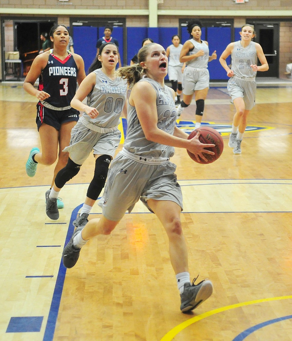 Embry Riddle's Jenna Knudson drives to the hoop after a steal as the Eagles host the University of Antelope Valley Thursday, January 10, 2019 in Prescott. (Les Stukenberg/Courier).