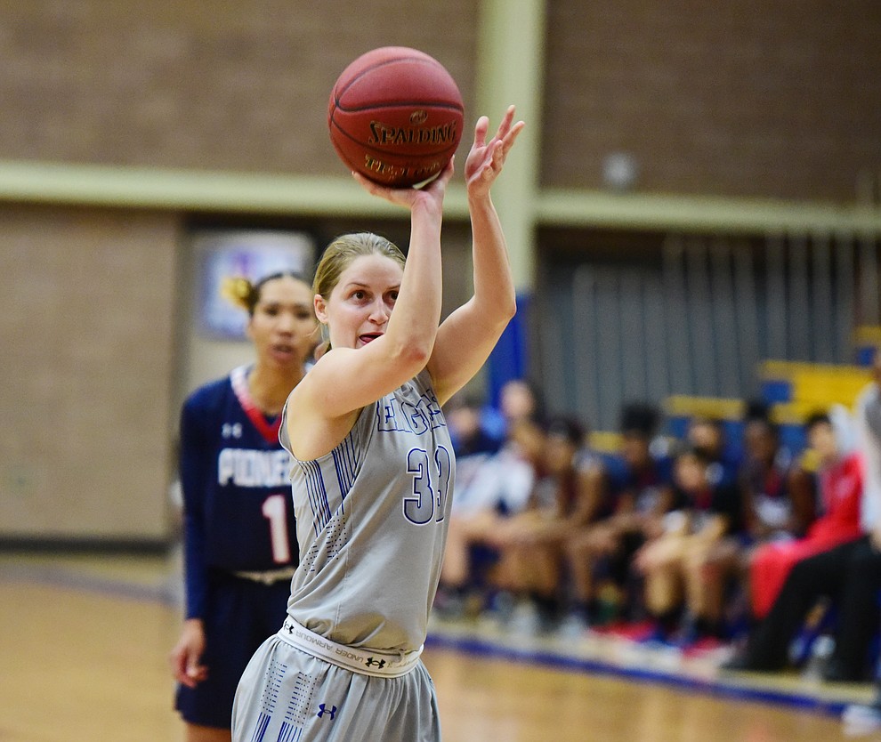 Embry Riddle's Jenna Knudson ties it up from the line to force overtime as the Eagles host the University of Antelope Valley Thursday, January 10, 2019 in Prescott. (Les Stukenberg/Courier).