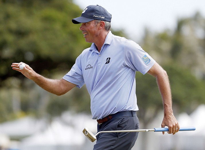 Matt Kuchar reacts to making a birdie putt on the first green during the third round of the Sony Open golf tournament Saturday, Jan. 12, 2019, at Waialae Country Club in Honolulu. (Matt York/AP)