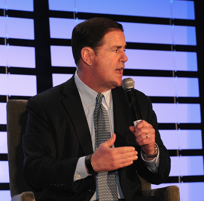 Gov. Doug Ducey discusses his priorities Friday, Jan. 11, 2019, with the state business community ahead of Monday’s State of the State speech. (Howard Fischer/Capitol Media Services)