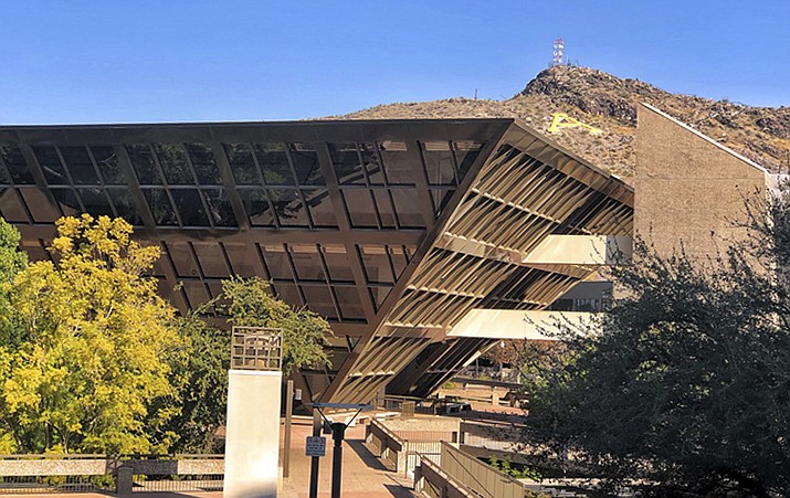 The distinctive inverted-pyramid City Hall in Tempe, Ariz., is seen Friday, Jan. 11, 2019. Current and former Tempe officials say they treasure the inverted pyramid-shaped building that's served as the city hall for nearly 50 years and regarded as an eye-catching landmark in the Phoenix suburb, but that it's time for major renovations to redesign interior spaces and upgrade its communications system and other fittings. Tempe plans a four-stage fixup project that would be handled in four phases over the next decade at a cost of about $10 million. (Kris Baxter-Ging/City of Tempe via AP)