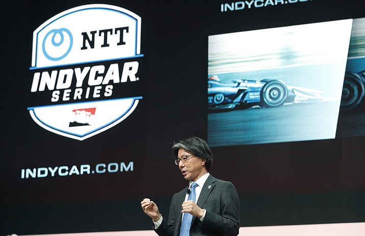 Tsuneshia Okuno, an executive vice president at NTT talks about the sponsorship deal with IndyCar Series during a news conference, Tuesday, Jan. 15, 2019, at the North American International Auto Show in Detroit. IndyCar has signed a multi-year title sponsorship deal with NTT, a global information technology and communications leader. The partnership was revealed Tuesday and makes NTT the official technology partner of the IndyCar Series, Indianapolis Motor Speedway, the Indianapolis 500 and NASCAR's Brickyard 400. NTT replaces Verizon, which was title sponsor of the series from 2014 until it ended its partnership last season. (Carlos Osorio/AP)
