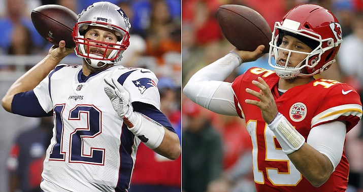 At left, in a Sept. 23, 2018, file photo, New England Patriots quarterback Tom Brady throws during the first half of an NFL football game against the Detroit Lions, in Detroit. At right, in an Oct. 7, 2018, file photo, Kansas City Chiefs quarterback Patrick Mahomes (15) throws a pass during the first half of an NFL football game against the Jacksonville Jaguars, in Kansas City, Mo. One is the sixth-round pick that became arguably the greatest quarterback in NFL history. The other is the first-round choice in his first full season as starter. Yet there are similarities between the Patriots’ Tom Brady and the Chiefs’ Patrick Mahomes, and some day their resumes may be similar, too. (AP Photo/File)