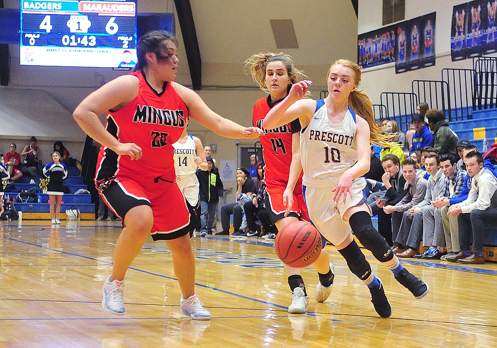 Prescott's Kendall Crockett drives to the hoop as the Badgers take on the Mingus Marauders Friday Jan. 18, 2019 in Prescott. (Les Stukenberg/Courier).