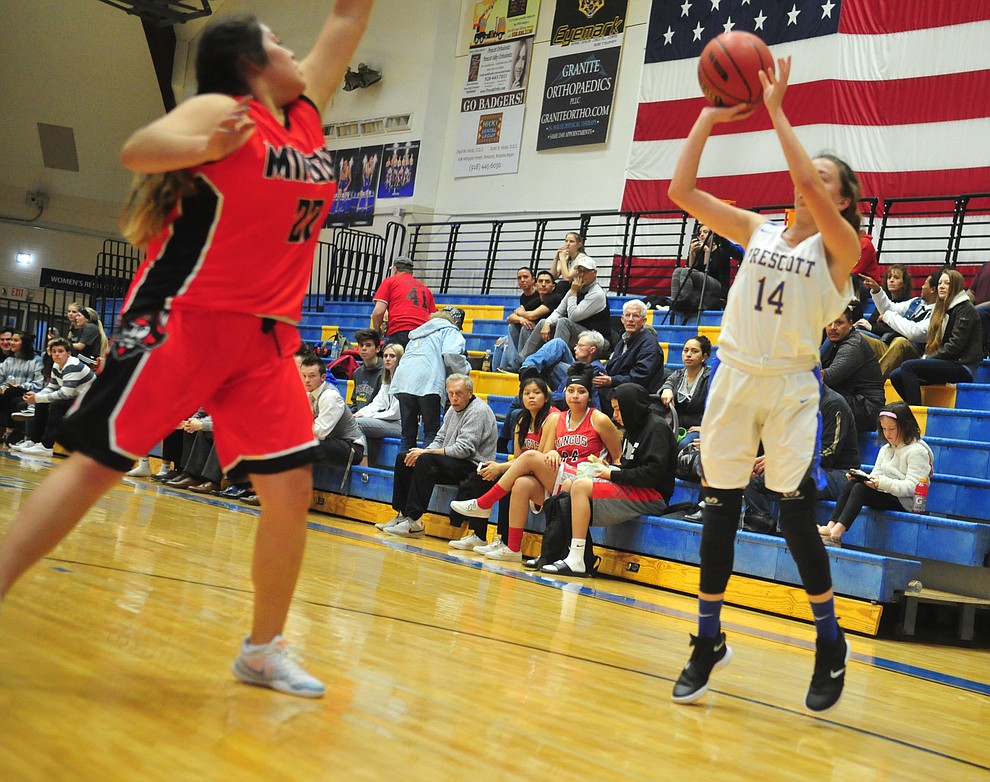 Prescott's Dana Seavey takes a shot from just inside the 3-point line as the Badgers take on the Mingus Marauders Friday Jan. 18, 2019 in Prescott. (Les Stukenberg/Courier).
