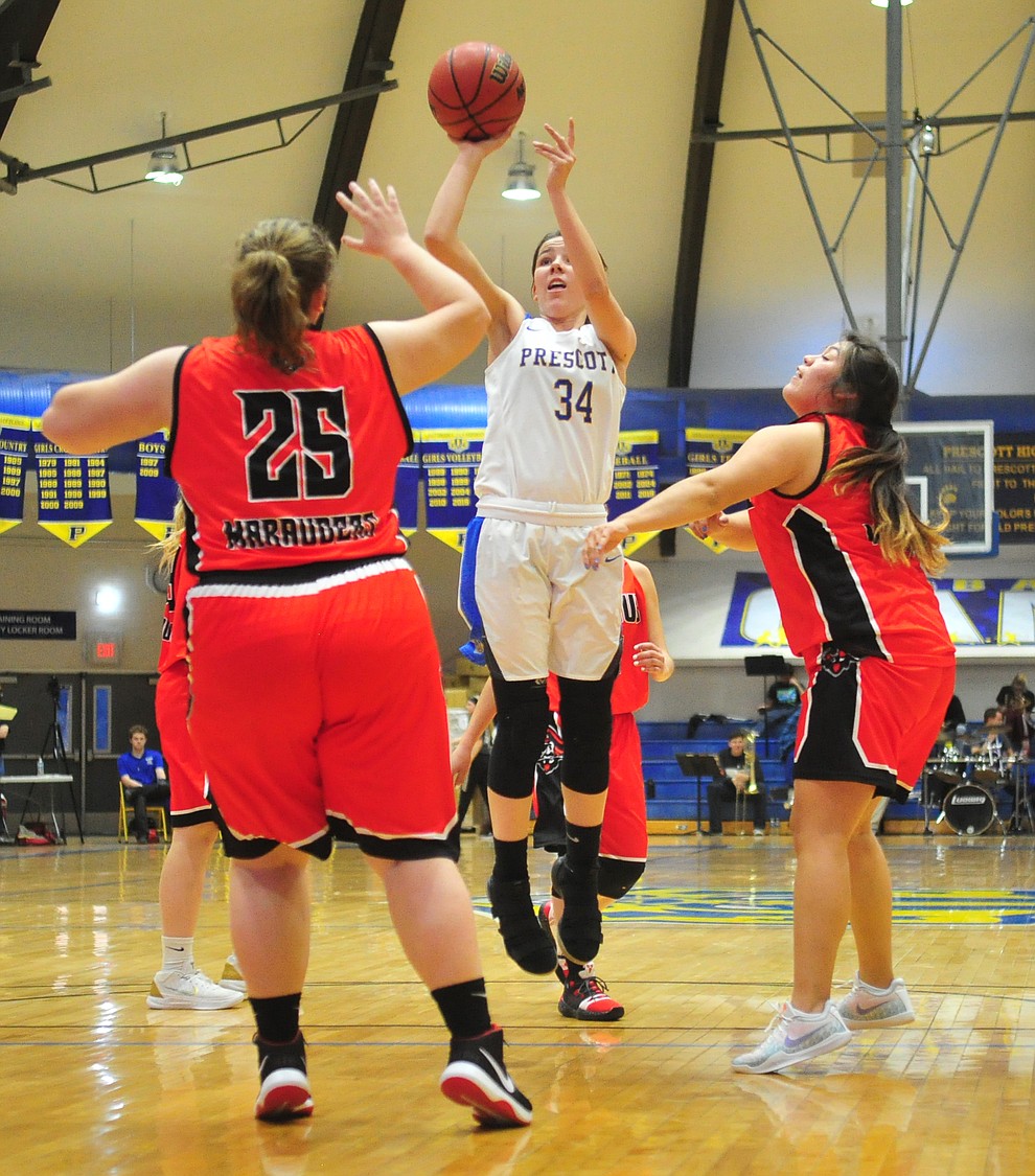 Prescott's Hollie Dalton takes a jump shot as the Badgers take on the Mingus Marauders Friday Jan. 18, 2019 in Prescott. (Les Stukenberg/Courier).