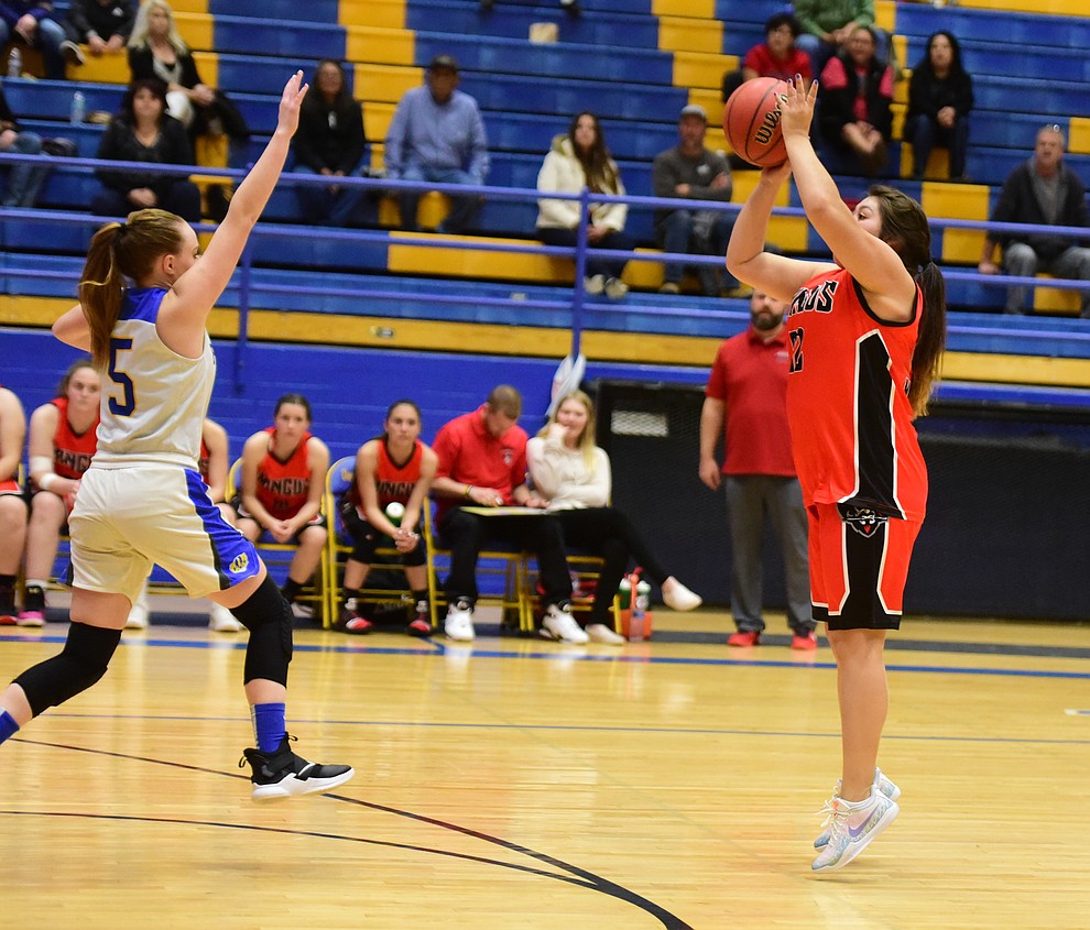 Mingus' Darien Loring takes a 3-pointer as the Marauders take on the Prescott Badgers Friday Jan. 18, 2019 in Prescott. (Les Stukenberg/Courier).
