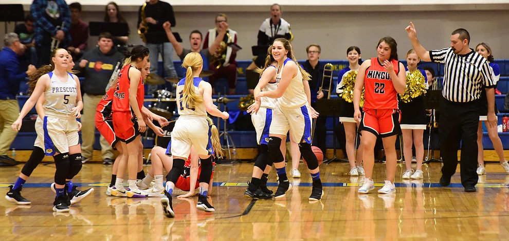 Prescott's Kira Reily (22) celebrates her game winning shot as the Badgers take on the Mingus Marauders Friday Jan. 18, 2019 in Prescott. (Les Stukenberg/Courier).