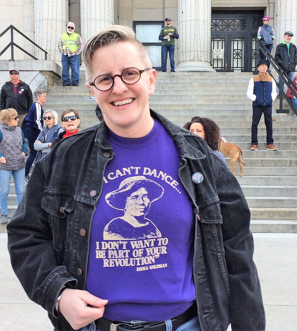 Why are you here today? Erica/Frank Ferguson, 50, Prescott. "I've been marching in activism since the mid-'80s. I identify as gender-bending. It's important that everybody is involved in equality. Everybody, not just what people think you are." (Sue Tone/Courier)