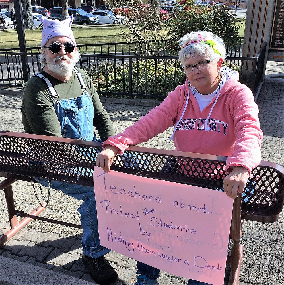 Why are you here today? Caren Christensen, 63, Prescott, with friend, David Ungerer, 62, Prescott. “I’m a teacher and I’m here to help protect our children.” David: “I’m here to support her. I was here last year with a different hat.” (Sue Tone/Courier)