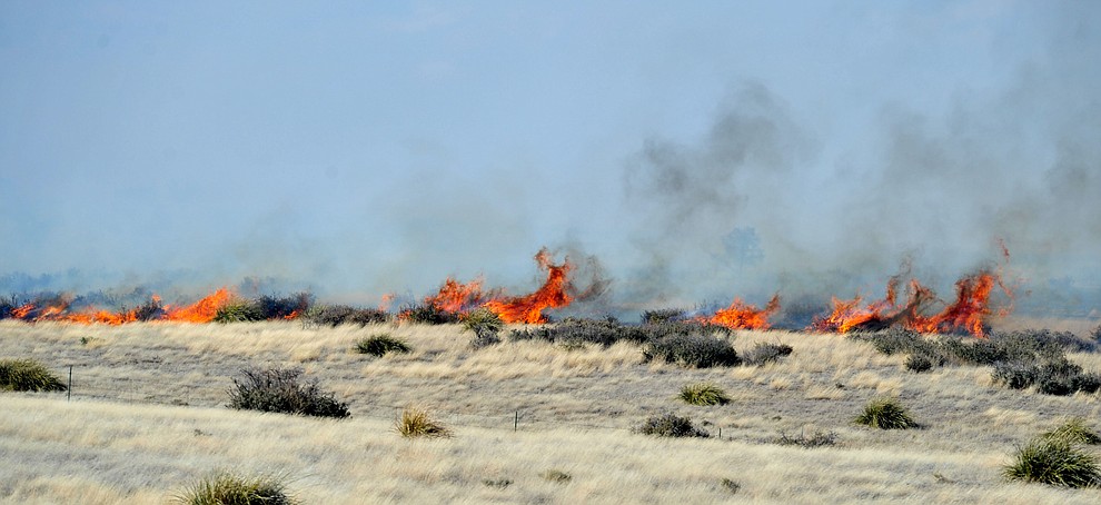 A fast moving wildland fire burns along the north side of Highway 89A between Glassford Hill Road and Granite Dells Parkway Monday Jan. 21, 2019 in Prescott Valley. (Les Stukenberg/Courier).