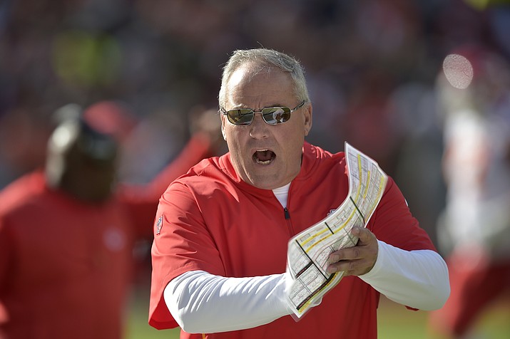 This Nov. 4, 2018, file photo shows Kansas City Chiefs defensive coordinator Bob Sutton walking on the sideline during an NFL football against the Cleveland Browns in Cleveland. The Chiefs have fired Sutton after a second-half collapse in the AFC championship game, including an overtime period in which Kansas City failed to stop the New England Patriots on what turned out to be the only possession. The Patriots won the game 37-31 to reach their third consecutive Super Bowl. Chiefs coach Andy Reid announced the firing in a statement Tuesday, Jan. 22, 2019, one day after he said he was evaluating all aspects of the team. Reid declined to address Sutton specifically. (David Richard/AP, file)